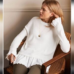 BODEN Catherine Woven Fluffy Sweater Jumper Ivory Ruffle Sleeve Oversized Sz 10